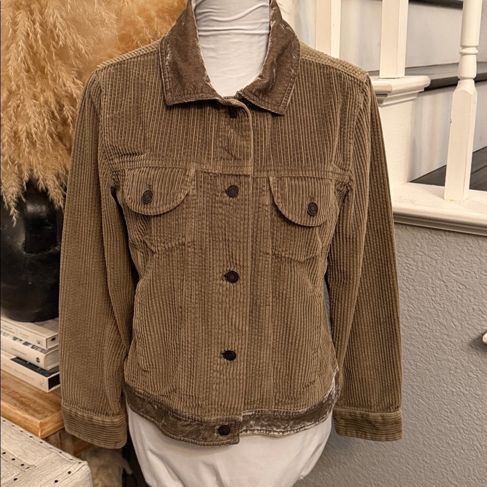 J.Jill Moss Green Velvet Trim Corduroy Button Down Jacket Size Small
